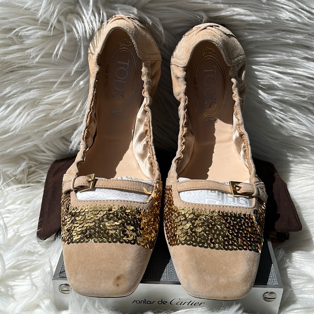 NWD Tod’s Beige Suede/Gold Sequined Ballerina Flats Shoes